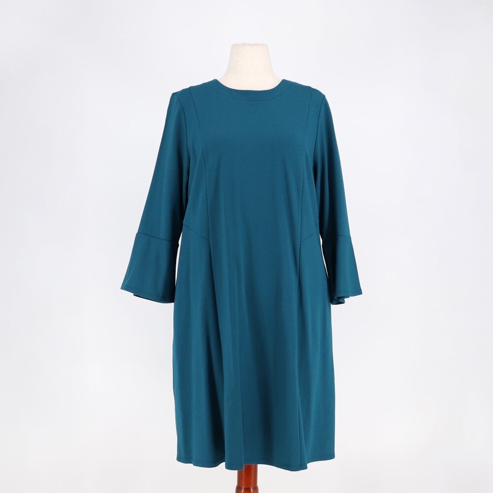 NWT J.JILL Ponte Knit Flare Sleeve Stretch Dress Teal Blue Size L